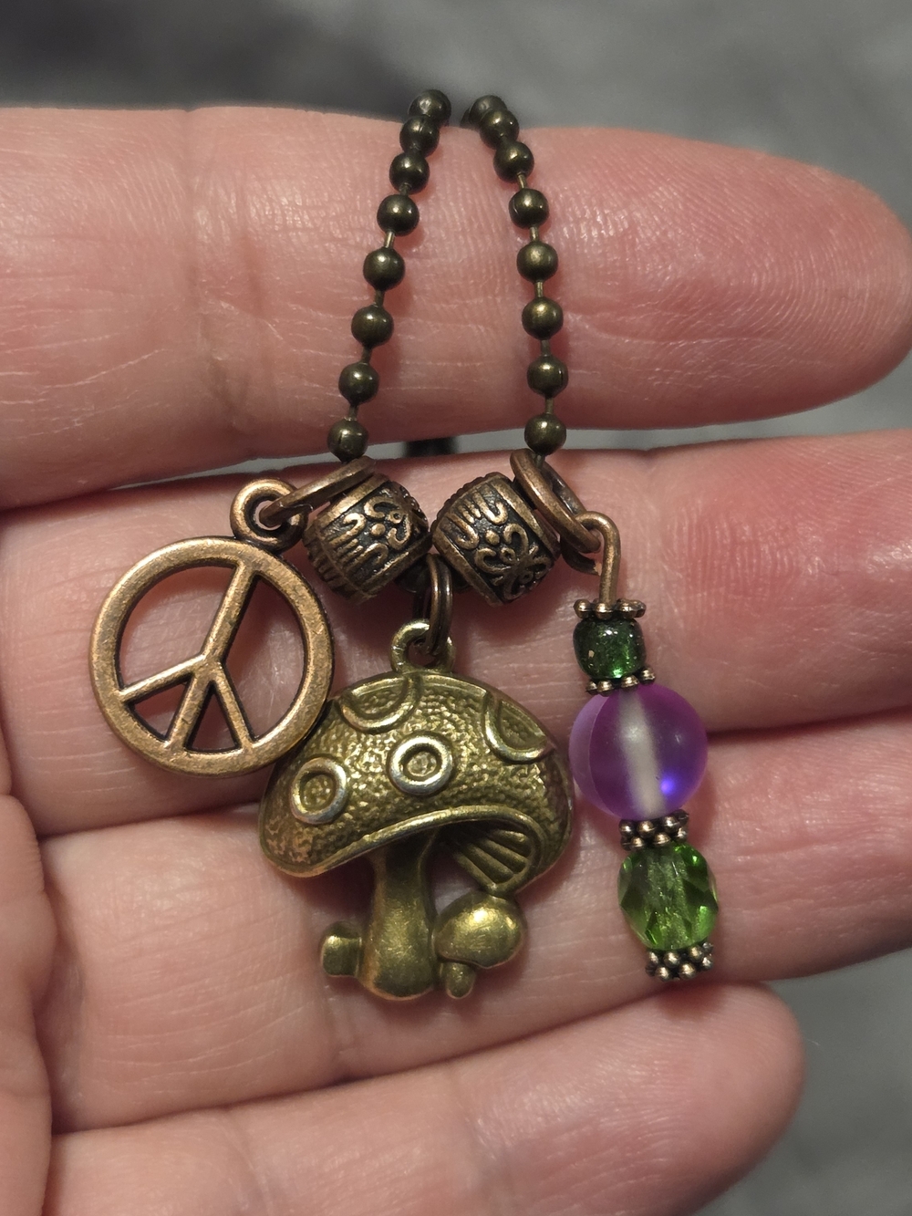 Vintage-Inspired Antique Brass Mushroom Charm Necklace with Purple & Green Beads